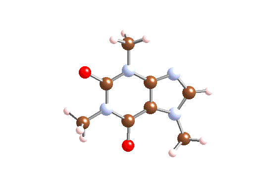 caffeine in motion an anaimated image of the molecular structure of caffeien rotated through three axis